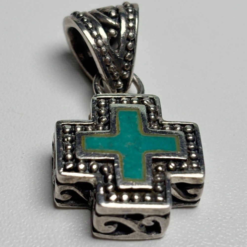 Sterling Silver and Turquoise Inlay Greek Cross Pendant - Picture 2 of 7